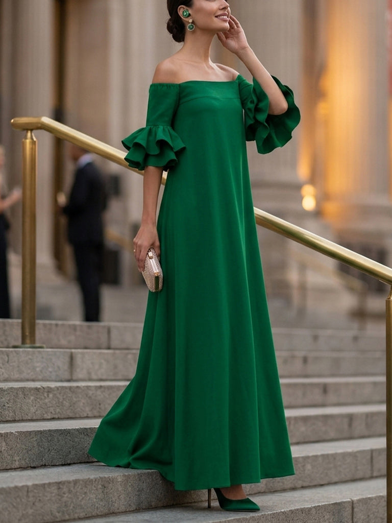 good fun off shoulder maxi dress green Half Sleeves Loose Solid Color Off-The-Shoulder Maxi Dresses