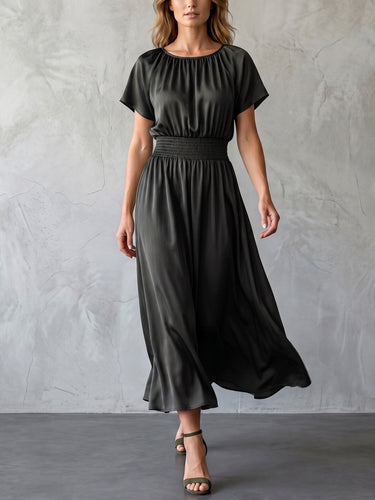 1781688 Batwing Sleeves High Waisted Elasticity Solid Color Round-Neck Maxi Dresses