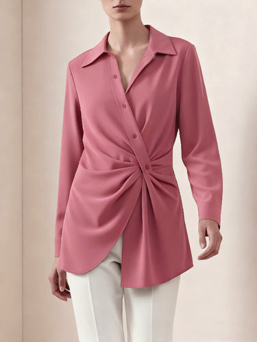 Long Sleeves Wrap Asymmetric Knot Pleated Lapel Blouses&Shirts Tops