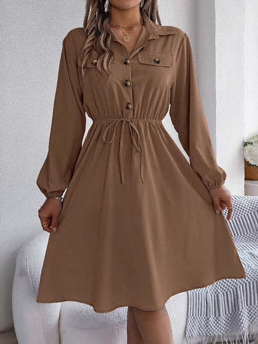 1756171 A-line Long Sleeves Buttoned Pleated Solid Color Tied Lapel Midi Dresses Shirt Dress