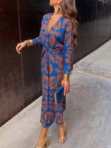 1785791 High Waisted Long Sleeves Contrast Color Knot Printed Deep V-Neck Midi Dresses