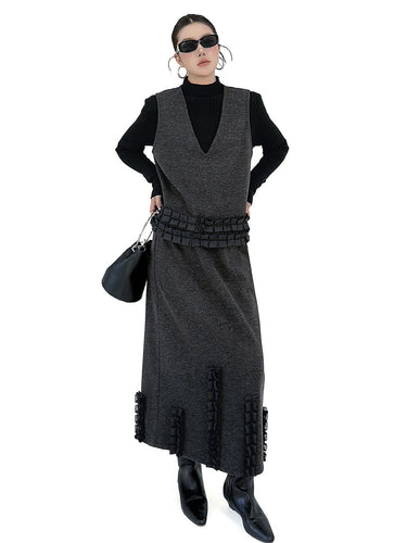 1734771 Contrast Color Ruffled Split-Joint V-Neck Vest Top + Elasticated Waist High Waisted Pleated Skirts Bottoms Two Pieces Set