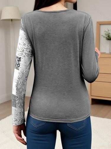 1722488 Irregularity Long Sleeves Asymmetric Buckle Contrast Color Pleated Split-Joint Round-Neck T-Shirts Tops