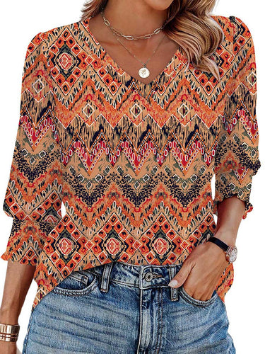 1752323 Long Sleeves Loose Contrast Color Pleated Printed Split-Joint V-Neck T-Shirts Tops