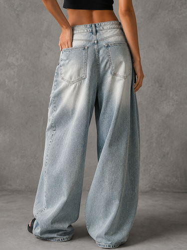 1778362 High Waisted Wide Leg Buttoned Contrast Color Hollow Pockets Split-Joint Jean Pants Bottoms