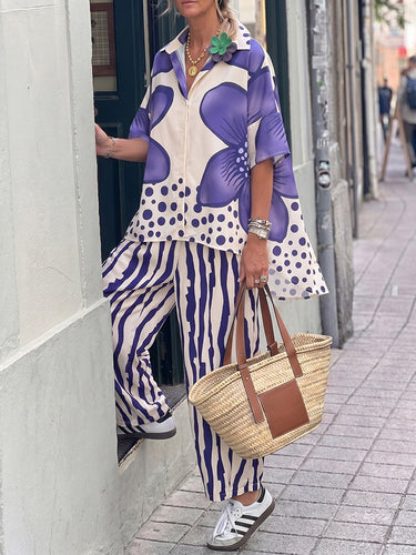 1781320 Half Sleeves Buttoned Flower Print Polka-Dot Lapel Blouses&Shirts Tops + High Waisted Pants Trousers Two Pieces Set