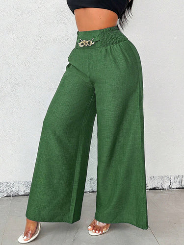 1780383 High Waisted Loose Elasticity Solid Color Pants Trousers