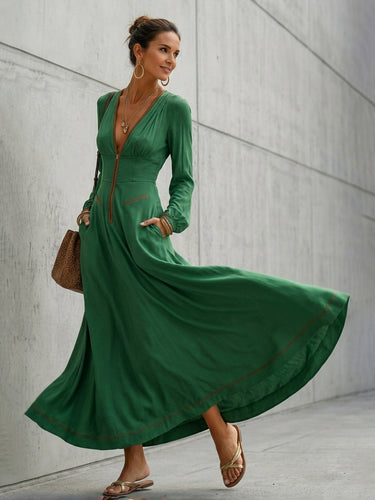 1784555 A-Line High Waisted Pockets Solid Color Zipper Deep V-Neck Maxi Dresses