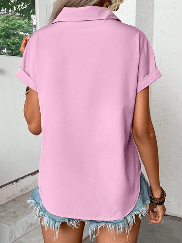 1780480 Loose Short Sleeves Buttoned Pleated Solid Color Lapel Blouses&Shirts Tops