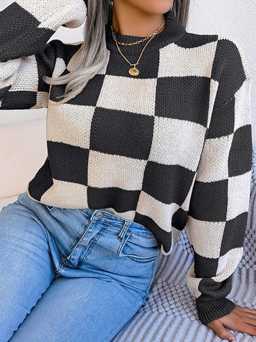 1713681 Long Sleeves Loose Contrast Color Plaid Round-Neck Sweater Tops