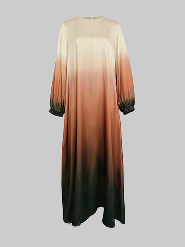 A-Line Long Sleeves Elasticity Gradient Pockets Round-Neck Maxi Dresses