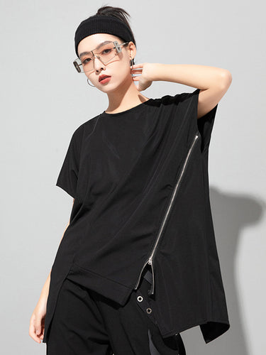 Toppuzzo di maglietta Black Split Irregular Zipper Elegish