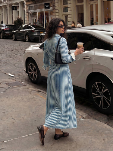 High Waisted Long Sleeves Buttoned Contrast Color Pockets Split-Joint Striped Lapel Midi Dresses