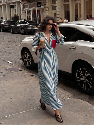 High Waisted Long Sleeves Buttoned Contrast Color Pockets Split-Joint Striped Lapel Midi Dresses