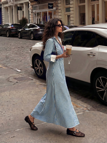 High Waisted Long Sleeves Buttoned Contrast Color Pockets Split-Joint Striped Lapel Midi Dresses