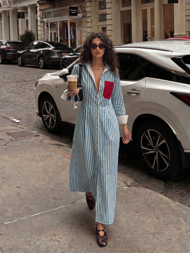 High Waisted Long Sleeves Buttoned Contrast Color Pockets Split-Joint Striped Lapel Midi Dresses