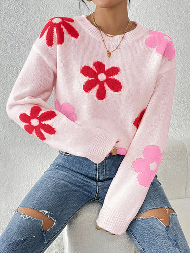 1713873 Long Sleeves Loose Contrast Color Flower Print Round-Neck Sweater Tops