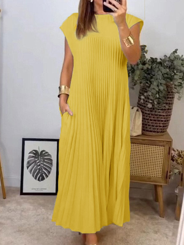 Short Sleeves Pockets Solid Color Split-Joint Round-neck Maxi Dresses
