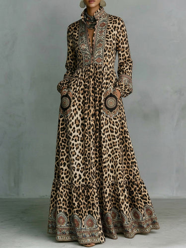 1780595 A-Line High Waisted Buttoned Contrast Color Leopard Pockets Printed Split-Joint Stand Collar Maxi Dresses