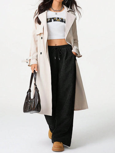 1734579 High Waisted Wide Leg Drawstring Elasticity Pockets Solid Color Pants Trousers