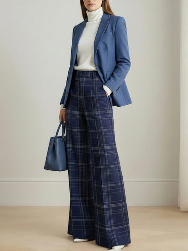 High Waisted Wide Leg No Belt Plaid Pleated Pockets Pants Trousers