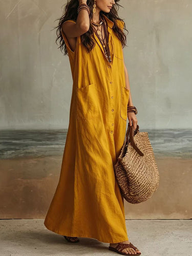 1785426 Loose Sleeveless Buttoned Pockets Solid Color Lapel Maxi Dresses