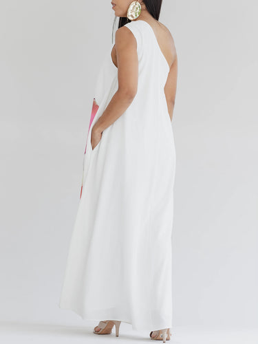 1784676 A-Line Loose Buckle Contrast Color Flower Print Pockets One-Shoulder Maxi Dresses