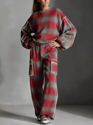 1743483 Loose Wide Leg Contrast Color Line Split-Joint Striped Pants