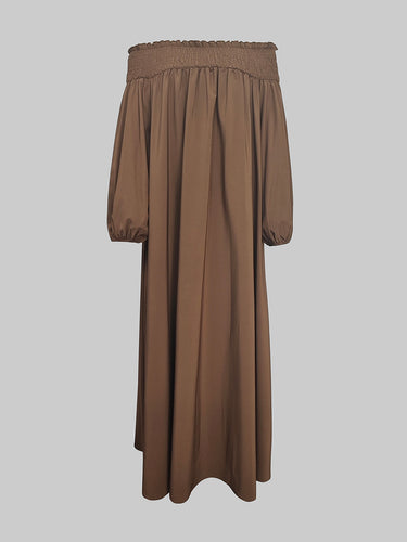 Loose Puff Sleeves Elasticity Pleated Solid Color Off-The-Shoulder Maxi Dresses