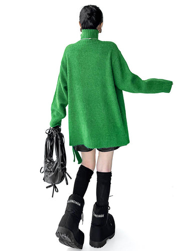 1734804 Irregularity Long Sleeves Buttoned Ribs Solid Color Split-Joint High Neck Sweater Tops