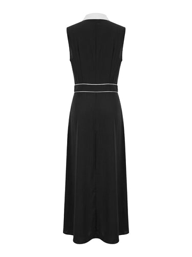 A-Line High Waisted Buttoned Contrast Color Pockets Split-Joint Lapel Maxi Dresses