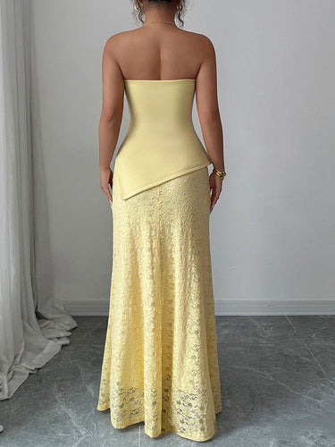 1722255 Moulante Irrégularité Dentelle Plissée Couleur Unie Split-Joint Tube Maxi Robes