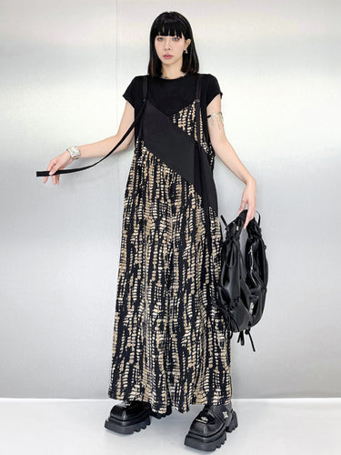 1719708 Loose Sleeveless Asymmetric Contrast Color Printed Split-Joint Spaghetti-Neck Overalls
