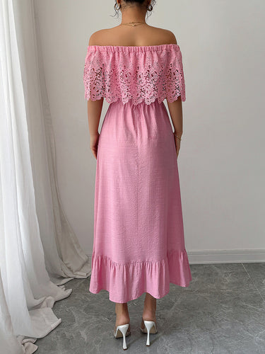 1766187 A-ligne taille haute plissée à volants couleur unie jointure fendue épaules dénudées robes mi-longues