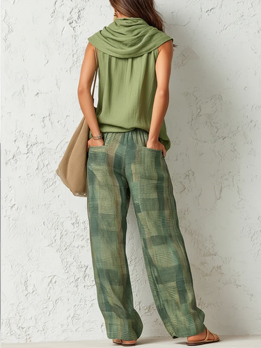 1779198 High Waisted Loose Contrast Color Plaid Pockets Pants Trousers