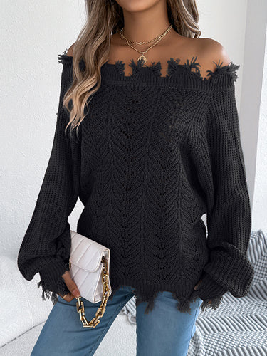 1713327 Long Sleeves Hollow Knitted Leaves Ribbed Knit See-Through Solid Color Off-The-Shoulder Sweater Tops