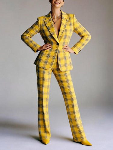 1742680 Elasticated Waist High Waisted Buttoned Contrast Color Plaid Split-Joint Notched Collar Blazer Outerwear