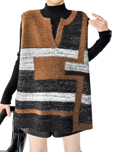 1734786 Loose Sleeveless Contrast Color Geometric Split-Joint Striped V-Neck Outerwear Vest Top