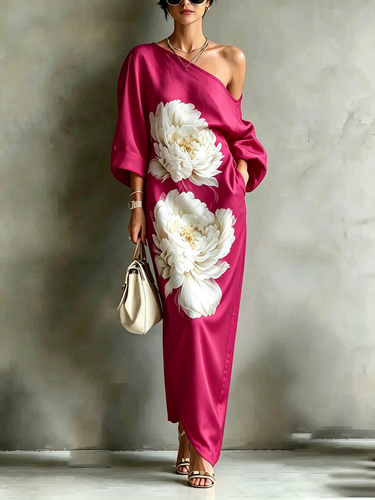 Pockets Flower Print Asymmetric Three-quarter Sleeves Loose One-shoulder Maxi Dresses
