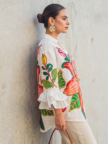1784882 Flared Sleeves High-Low Buttoned Contrast Color Flower Print Lapel Blouses&Shirts Tops