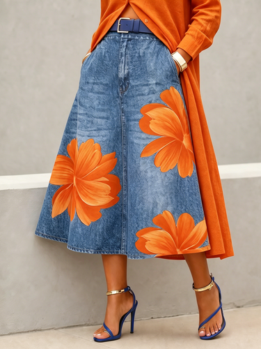 1778599 A-Line High Waisted Flower Print No Belt Pockets Skirts Bottoms