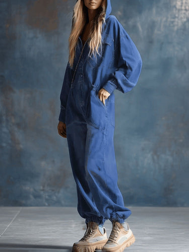 1759205 Long Sleeves Loose Buttoned Pockets Solid Color Hooded Jumpsuits