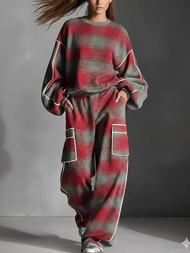 1743469 Long Sleeves Loose Contrast Color Line Split-Joint Striped Round-Neck Sweatershirt