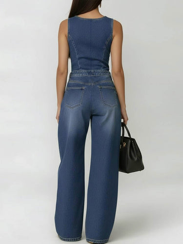 High Waisted Loose Geometric Hollow Pockets Solid Color Split-Joint Round-Neck Jumpsuits