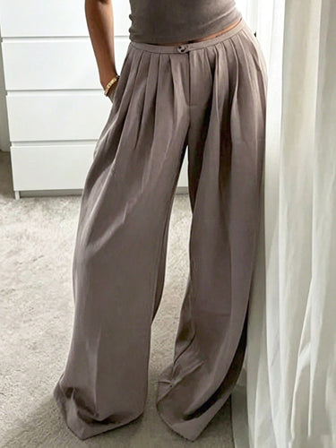 1789262 Solid Color Pleated Wide Leg High Waisted Trousers Pants