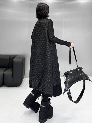 1720318 Loose Sleeveless Buttoned Plaid Pockets Solid Color Split-Joint Notched Collar Outerwear Padded Vest