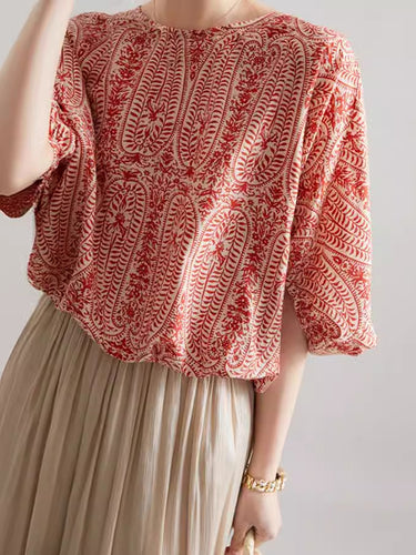 1498918 Batwing Sleeves Bow-Embellished Floral Printed Round-Neck Blouses&Shirts Tops