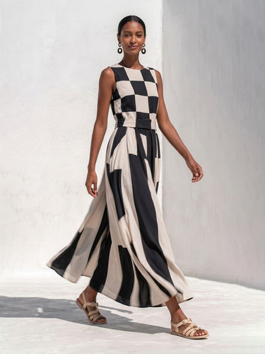 1786502 A-Line High Waisted Buttoned Contrast Color Plaid Pockets Printed Round-Neck Maxi Dresses