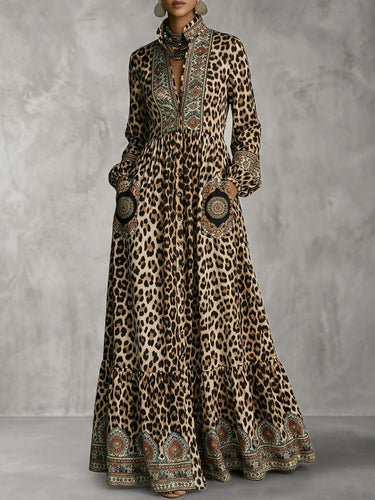 leopard print maxi dress with pockets Taupe Leopard Print Denim Pocketed Maxi Dress - All Dresses