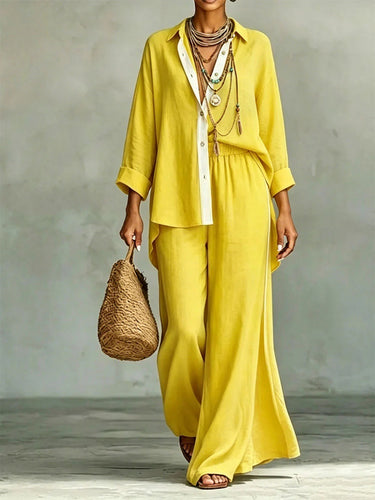 1783421 Long Sleeves Loose Buttoned Elasticity Solid Color Lapel Blouse Top + Pants Bottom Two Pieces Set